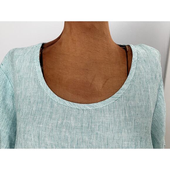 Flax Sz M Striped A-Line Swing Tunic Top Green Linen Lagenlook Artsy Breezy - Picture 4 of 14